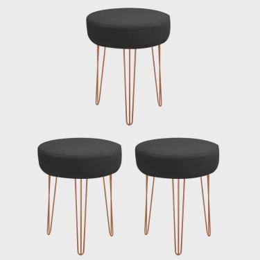 Imagem de Kit 03 Banquetas Puff Jullia Luxo 55cm Industrial Ferro Bronze Corino Preto - Ahz Móveis