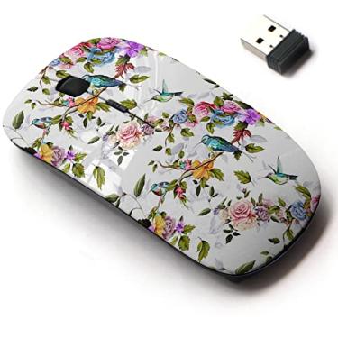Imagem de Mouse sem fio de 2,4 G com design de padrão fofo para todos os laptops e desktops com nano receptor - folhas de peônia e rosas de beija-flor