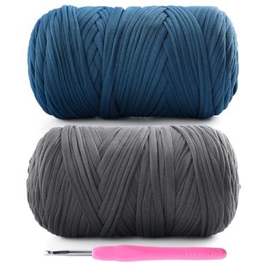 Imagem de Pacote com 2 fios de camiseta para crochê - 800 g/260 m, camiseta de tecido elástico macio para sacos de crochê, cestos, decoração de casa com 1 agulha de crochê (2, cinza escuro + azul denim)