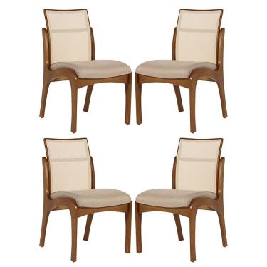 Imagem de Kit 4 Cadeiras para Mesa de Jantar Lisboa com Encosto Tela Madeira Maciça Linho Bege M58 RMI