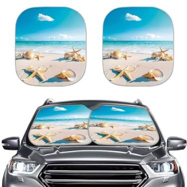 Imagem de GOSTONG Protetor solar de 2 peças para para-brisas de carro dobrável verão praia conchas impressão auto para-sol ajuste universal SUV caminhões Sedan frente Windows protetor de viseira solar