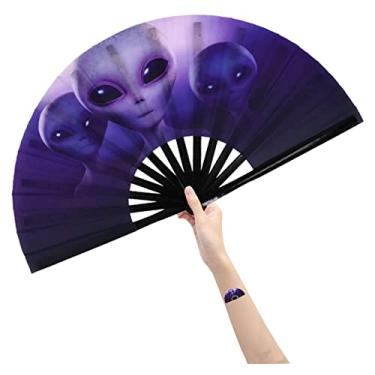 Imagem de Amajiji Grande ventilador dobrável de rave para dançar em linha, fãs de clacking para botas no chão, dança, festa, decoração, festival (três alienígenas)