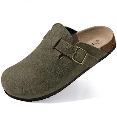 Imagem de KIDMI Feminino Tamancos de Camurça, Mules de Couro, Sandálias com Palmilha de Cortiça, Sapatos de Batata com Suporte de Arco, Verde Militar 40 (Tamanho 8,5)
