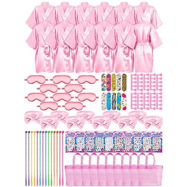 Imagem de Xuhal 92 peças de lembrancinhas de festa de spa para meninas, artigos de festa do pijama, roupões de cetim, suprimentos de festa do pijama com sacos de presente para meninas e crianças, suprimentos de