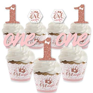 Imagem de Big Dot of Happiness 1st Birthday Little Miss Onederful - Decoração de cupcake - Kit de embalagem de cupcake e palitos de petiscos para festa de primeiro aniversário - Conjunto de 24
