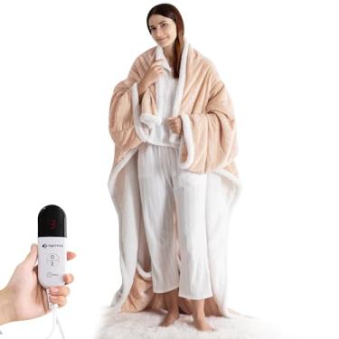 Imagem de OS OMYSTYLE Cobertor elétrico vestível com bolso para os pés, cobertor aquecido vestível com mangas, 1-6 níveis de aquecimento e ajuste fixo de 4 horas de tempo de aquecimento, 132 x 182 cm + 45 cm,