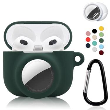 Imagem de Conjunto de capa protetora 2 em 1 compatível com Apple AirPods 3 (2021) AirTag, suporte para rastreador GPS com 2 peças protetoras de tela de TPU e chaveiro, capa de silicone macio antiperda