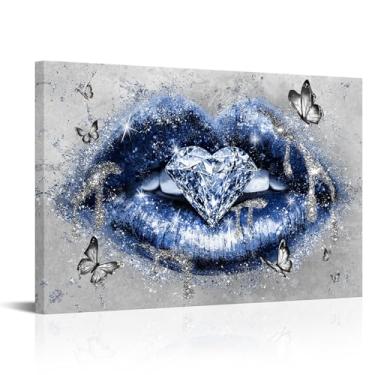 Imagem de Conipit Arte de parede azul marinho arte em tela de lábio azul beleza glamourosa impressão labial com coração arte de diamante para sala de maquiagem quarto salão decoração de parede 61 x 91 cm
