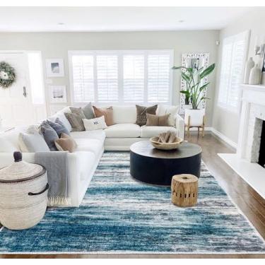 Imagem de KOZYFLY Tapete de área 22 x 30,5 cm, moderno, ombré, para sala de estar, lavável, tapete listrado macio antiderrapante para quarto, tapete abstrato azul petróleo envelhecido para lavanderia/quarto de