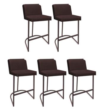 Imagem de Kit 05 Banquetas Com Encosto Confort Bistrô Cozinha Ferro Marrom Suede Marrom Amey Decor