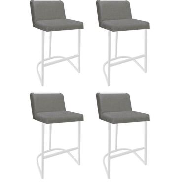 Imagem de Kit 04 Banquetas Com Encosto Confort Bistrô Cozinha Ferro Branco Linho Cinza Amey Decor