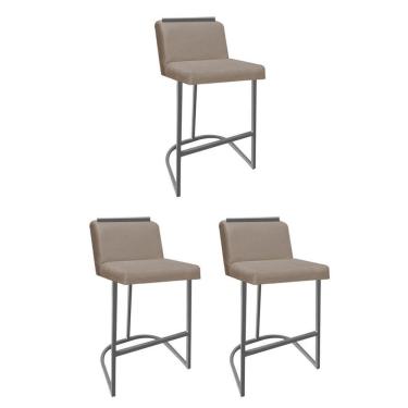 Imagem de Kit 03 Banquetas Com Encosto Nynna Luxo Confort Bistrô Cozinha Ferro Cinza Suede Bege - Amey Decor