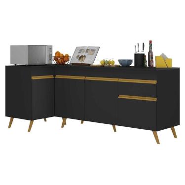 Imagem de Kit Armário De Cozinha Balcão Canto 90cm E Gabinete Pia 150cm Veneza Multimóveis Mp2158 Preto/dourado Preto/dourado