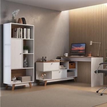 Imagem de Escrivaninha Em L 120x136cm 2 Portas Com Estante 1 Porta Retrô Hecol Móveis Branco-nogal