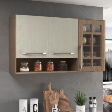 Imagem de Armário Aéreo Modulado Vazado Com Vidro Fidelitá Paris 120cm 3 Portas Nogal/salinas
