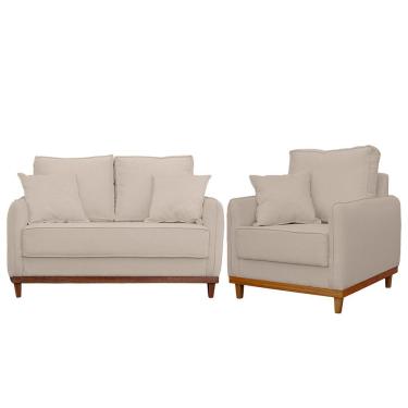 Imagem de Kit Poltrona E Sofa Sena 2 Lugar Base De Madeira Para Sala Hotel Linho Palha