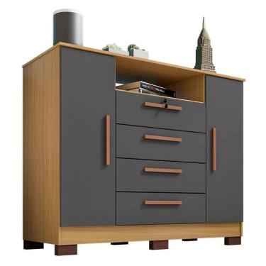 Imagem de Cômoda Rack 2 Portas E 4 Gavetas Floripa Carvalho Americano-grafite