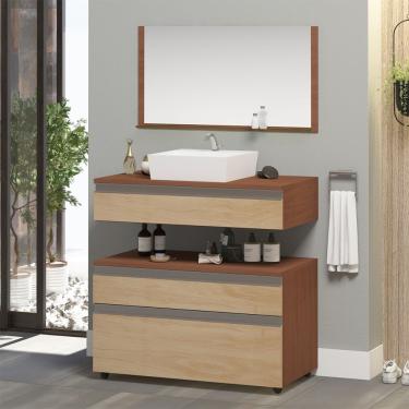 Imagem de Gabinete Banheiro Superior E Inferior Com Rodízios 3 Gavetas 80cm Safira - Freijó Amadeirado - Bege