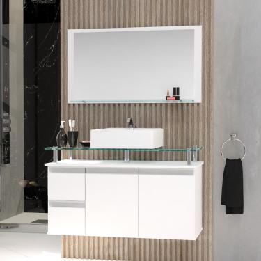 Imagem de Conjunto Gabinete Banheiro 2 Gavetas 2 Portas 80cm Com Espelheira Diamante - Branco - Branco