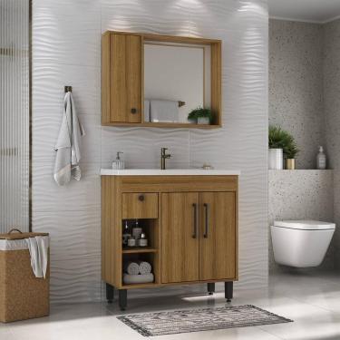 Imagem de Gabinete De Banheiro Com Cuba E Espelheira 80,2cm Multimóveis Cr10136 Lâmina Mel-branco