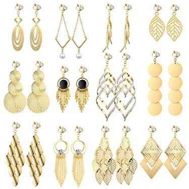 Imagem de Conjunto de 12 pares de brincos pendentes com clipe, pingente boêmio, borla, brincos folheados, brincos com pingente sem piercing para mulheres (dourado)