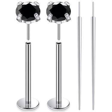 Imagem de Ruifan ASTM F136 titânio bochecha piercing barra joias sem rosca push in flat back língua anéis preto zircônia cúbica sólida titânio labret piercing corporal joias para mulheres homens 16G 16 mm