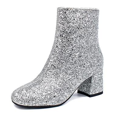 Imagem de SEIFIN Botas Femininas De Salto Grosso Com Lantejoulas E Glitter, Sapatos Brilhantes Para Festa Casamento, Médio Bloco Zíper Lateral (Prata, Eua 7)