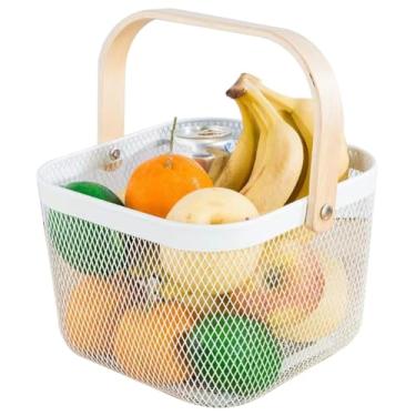 Imagem de Cesta de malha cestas de frutas vazadas para cozinhas cesta de arame de metal suspensa com cabo de madeira cestas de armazenamento de cozinha para banheiro, despensa, armário, 24 x 24 x 17 cm, branco