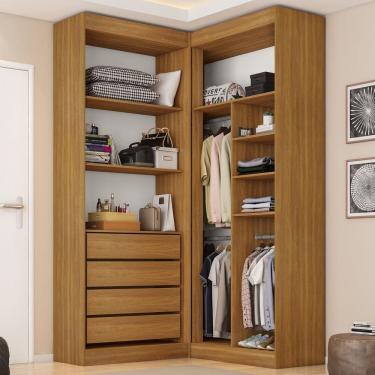 Imagem de Guarda Roupa Closet Casal sem Portas Canto em L com 4 Gavetas e 3 Cabideiros Versatille Yescasa Freijó Com Branco