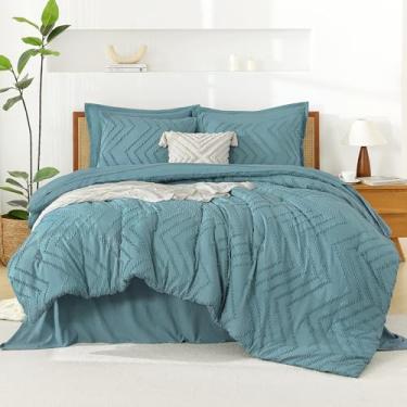 Imagem de Litanika Conjunto de edredom super king size com lençóis, azul-petróleo acinzentado – 7 peças, cama em uma bolsa, tamanho king, boho, tufado, conjunto completo com edredom, lençóis, fronhas e fronhas