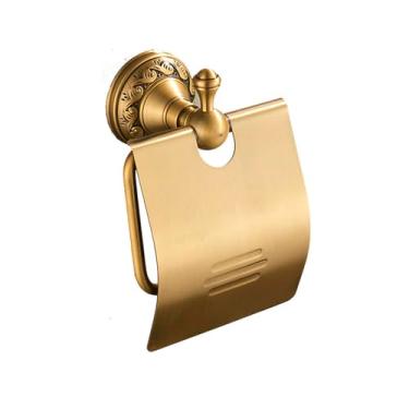 Imagem de Conjunto de banheiro de latão antigo - prateleira de parede, toalheiro, porta-lenços com saboneteira, suporte para papel higiênico