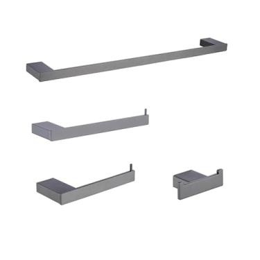 Imagem de Conjunto de banheiro cinza SUS304 – Toalheiro de aço inoxidável, suporte para papel higiênico, prateleira de vidro e armazenamento de canto, 5 peças, conjunto de 4 peças