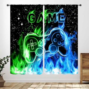 Imagem de Cortinas Gamer para quarto de meninos, videogame chama azul para meninos, crianças, adolescentes, quarto, janela, tratamento, espaço sideral, controle de jogos, berçário, sala de estar, 2 conjuntos de