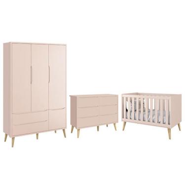 Imagem de Dormitório Completo Infantil Theo 3 Portas, Cômoda 6 Gavetas e Berço com Pés Madeira Natural - Reller Móveis Rosa Fosco