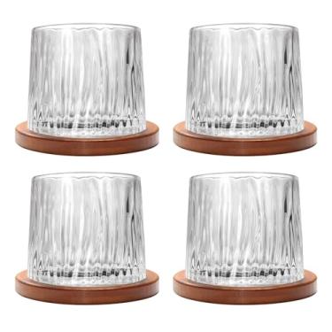 Imagem de Copo giratório antiquado, conjunto de 4 copos de uísque de cristal de 275 ml/283.5 g, porta-copos de madeira, espessamento, usado como copo de rum, copo de coquetel, xícara de café, copo de leite para