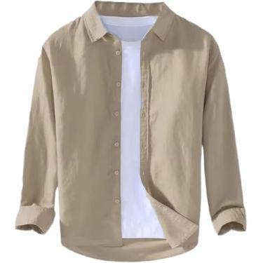 Imagem de Camisa Masculina Respirável Casual Gola Virada Para Baixo Praia Algodão Linho Camisa Masculina Manga Longa Sólida, Khaki, M