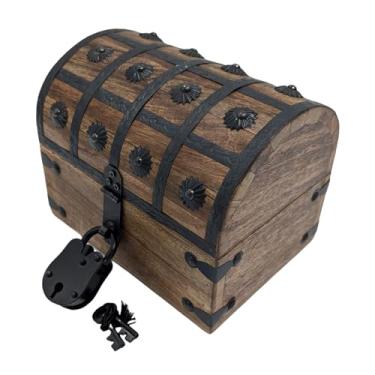 Imagem de Baú de tesouro pirata de madeira feito à mão com fechadura e chave - Inclui acessórios náuticos: bússola, espião, apito do capitão, roda de navio, ampulheta e mais (pequeno 20 x 15 x 15 cm)