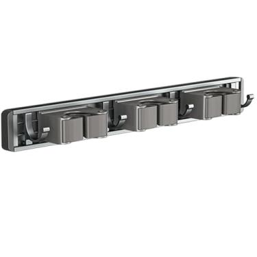 Imagem de Toguma Suporte de parede para esfregão e vassoura com 3 compartimentos e 4 ganchos, suporte de vassoura móvel organizador de ferramentas de jardim rack de armazenamento de garagem para banheiro e casa