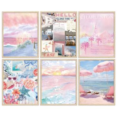 Imagem de JarThenaAMCS 6 peças de impressão de arte de parede rosa para praia, estética, litoral, praia, decoração de parede, paisagem costeira, para quarto, sala de estar, dormitório (sem moldura, 20 x 25,4 cm