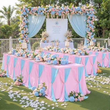 Imagem de Besutolife Toalha de mesa de tule rosa azul para mesas retangulares 3 lados para festa de aniversário de casamento, chá de bebê, bolo, sobremesa, buffet, banquete, decorações de mesa, 1,2 m, pacote