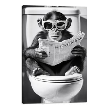 Imagem de MODOJOART Arte de parede em tela de macaco engraçado - banheiro lendo jornal com óculos de sol pintura rústica decoração de banheiro com tema animal safári para banheiro (obra de arte - 02, 30,5 x