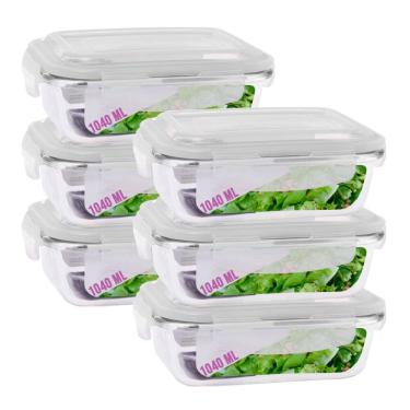 Imagem de Kit 6 Potes Hermetico  Vidro Transparente 1040ml Marmitas 4 Travas