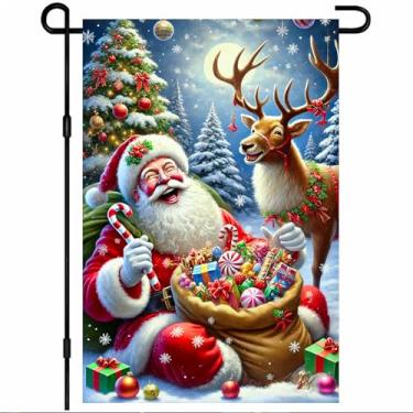 Imagem de BlissYard Bandeira de jardim de Natal Papai Noel e rena com presentes e doces noite de neve 30,5 x 45,7 cm dupla face festiva ao ar livre interior pendurado natal decorativo casa jardim bandeira