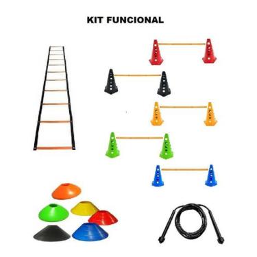 Imagem de Kit funcional escada de agilidade+05 barreiras+10 chapéus+08 argolas+p