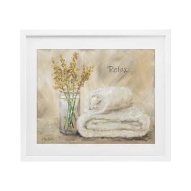 Imagem de Stupell Industries Toalha de banho Relax & Botanicals Impressão emoldurada branca sob o vidro design por Pam Britton, 13 x 16