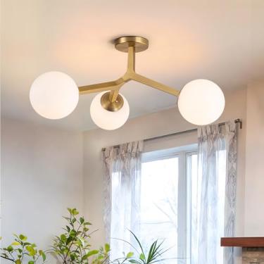 Imagem de Lingkai Luminária de teto de latão dourado com montagem semiembutida, teto moderno de meados do século, luz de teto Sputnik dourada de latão de 3 luzes de 59,9 cm para sala de estar, quarto, banheiro
