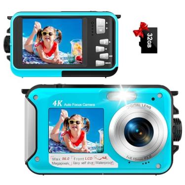 Imagem de Câmera subaquática 4K de 56 MP, foco automático, câmera à prova d'água, selfie de tela dupla, câmera subaquática 16X para mergulho com snorkel, câmera digital compacta flutuante à prova d'água com