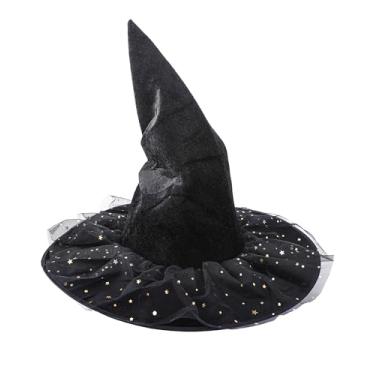 Imagem de RENEMEGO Chapéu de bruxa preto de Halloween - Chapéus de bruxa franzidos com véu e design de estrelas, fantasia de bruxa para mulheres, cosplay, festa, sessão de fotos, formatura, baile de máscaras