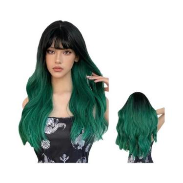 Imagem de Peruca Longa Com Ondas Naturais Coloridas Em Ombre Verde Com Franja Pa