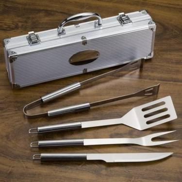 Imagem de Kit Churrasco Inox 4 Peças com Maleta Premium – Faca, Garfo, Espátula e Pegador – Utensílios Profissionais para Churrasqueiro